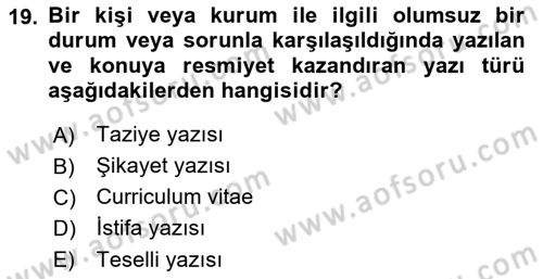 Mesleki Yazışmalar Dersi 2021 - 2022 Yılı (Vize) Ara Sınav Soruları 19. Soru