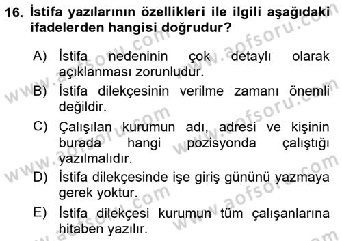 Mesleki Yazışmalar Dersi Ara Sınavı Deneme Sınav Soruları 16. Soru