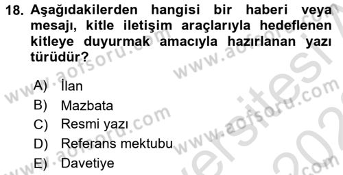 Mesleki Yazışmalar Dersi Ara Sınavı Deneme Sınav Soruları 18. Soru
