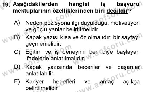 Mesleki Yazışmalar Dersi Ara Sınavı Deneme Sınav Soruları 19. Soru