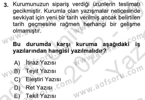 Mesleki Yazışmalar Dersi 2022 - 2023 Yılı Yaz Okulu Sınav Soruları 3. Soru
