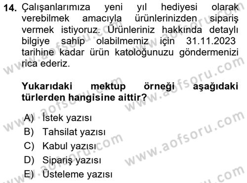 Mesleki Yazışmalar Dersi Ara Sınavı Deneme Sınav Soruları 14. Soru