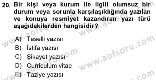 Mesleki Yazışmalar Dersi Ara Sınavı Deneme Sınav Soruları 20. Soru