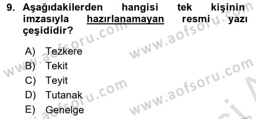 Mesleki Yazışmalar Dersi Ara Sınavı Deneme Sınav Soruları 9. Soru