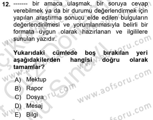 Mesleki Yazışmalar Dersi 2023 - 2024 Yılı (Final) Dönem Sonu Sınav Soruları 12. Soru