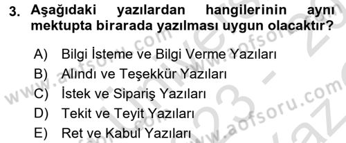 Mesleki Yazışmalar Dersi 2023 - 2024 Yılı Yaz Okulu Sınav Soruları 3. Soru