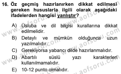 Mesleki Yazışmalar Dersi Ara Sınavı Deneme Sınav Soruları 16. Soru