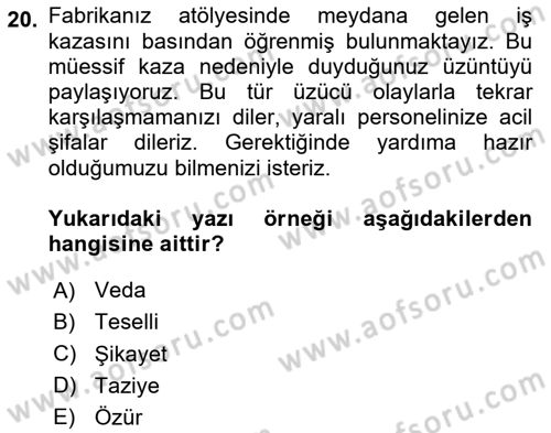 Mesleki Yazışmalar Dersi Ara Sınavı Deneme Sınav Soruları 20. Soru
