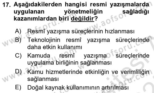 Mesleki Yazışmalar Dersi 2024 - 2025 Yılı (Final) Dönem Sonu Sınav Soruları 17. Soru