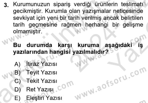 Mesleki Yazışmalar Dersi 2024 - 2025 Yılı Yaz Okulu Sınav Soruları 3. Soru