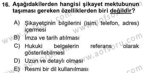 Mesleki Yazışmalar Dersi 2025 - 2026 Yılı (Vize) Ara Sınav Soruları 16. Soru