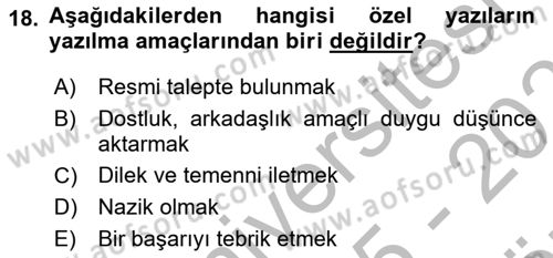 Mesleki Yazışmalar Dersi 2025 - 2026 Yılı (Vize) Ara Sınav Soruları 18. Soru