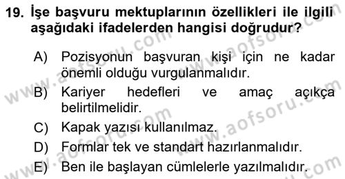 Mesleki Yazışmalar Dersi 2025 - 2026 Yılı (Vize) Ara Sınav Soruları 19. Soru
