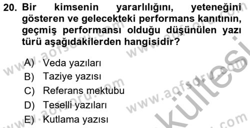 Mesleki Yazışmalar Dersi 2025 - 2026 Yılı (Vize) Ara Sınav Soruları 20. Soru