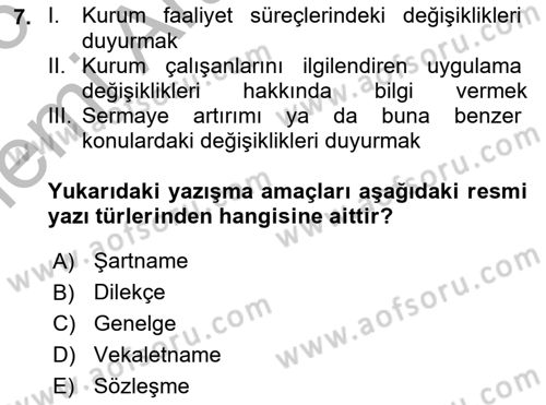 Mesleki Yazışmalar Dersi 2025 - 2026 Yılı (Vize) Ara Sınav Soruları 7. Soru