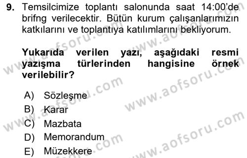 Mesleki Yazışmalar Dersi 2025 - 2026 Yılı (Vize) Ara Sınav Soruları 9. Soru