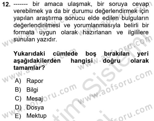 Mesleki Yazışmalar Dersi 2025 - 2026 Yılı (Final) Dönem Sonu Sınav Soruları 12. Soru