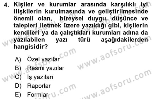 Mesleki Yazışmalar Dersi 2025 - 2026 Yılı Yaz Okulu Sınav Soruları 4. Soru