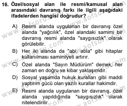 İş Ortamında Protokol Ve Davranış Kuralları Dersi 2025 - 2026 Yılı (Vize) Ara Sınav Soruları 16. Soru