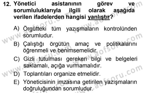 Yönetici Asistanlığı Dersi Ara Sınavı Deneme Sınav Soruları 12. Soru