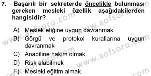 Yönetici Asistanlığı Dersi Ara Sınavı Deneme Sınav Soruları 7. Soru