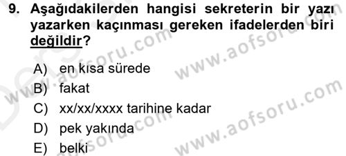 Yönetici Asistanlığı Dersi 2015 - 2016 Yılı Tek Ders Sınav Soruları 9. Soru