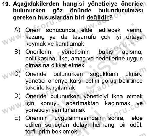 Yönetici Asistanlığı Dersi 2017 - 2018 Yılı (Vize) Ara Sınavı 19. Soru