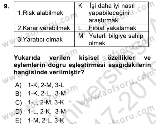 Yönetici Asistanlığı Dersi 2017 - 2018 Yılı (Vize) Ara Sınavı 9. Soru