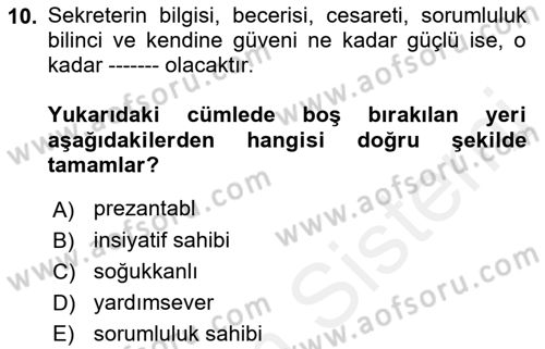 Yönetici Asistanlığı Dersi Ara Sınavı Deneme Sınav Soruları 10. Soru