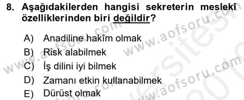 Yönetici Asistanlığı Dersi Ara Sınavı Deneme Sınav Soruları 8. Soru