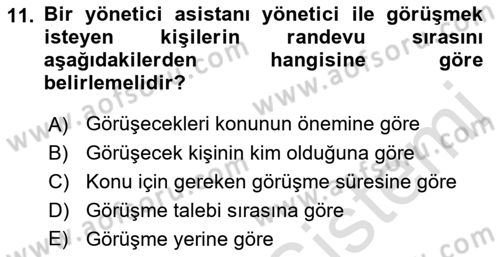 Yönetici Asistanlığı Dersi 2019 - 2020 Yılı (Vize) Ara Sınav Soruları 11. Soru