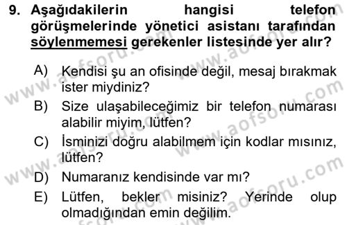 Yönetici Asistanlığı Dersi 2020 - 2021 Yılı Yaz Okulu Sınav Soruları 9. Soru