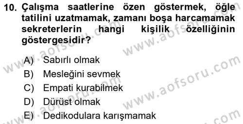 Yönetici Asistanlığı Dersi Ara Sınavı Deneme Sınav Soruları 10. Soru