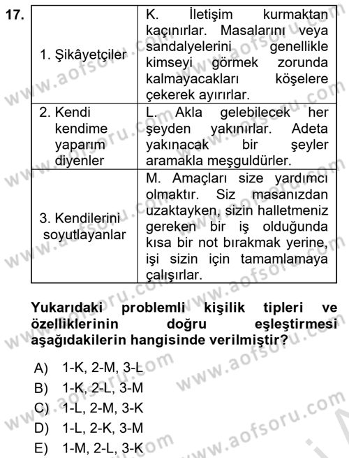 Yönetici Asistanlığı Dersi Ara Sınavı Deneme Sınav Soruları 17. Soru