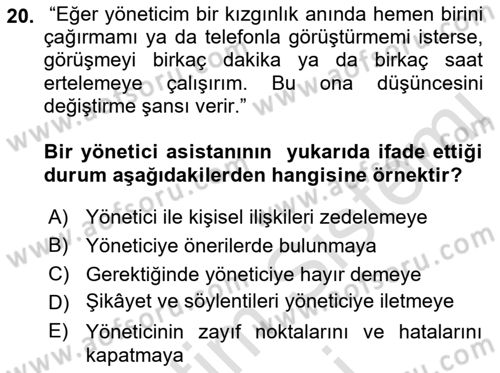 Yönetici Asistanlığı Dersi Ara Sınavı Deneme Sınav Soruları 20. Soru
