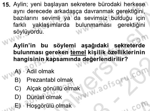 Yönetici Asistanlığı Dersi 2023 - 2024 Yılı (Vize) Ara Sınav Soruları 15. Soru