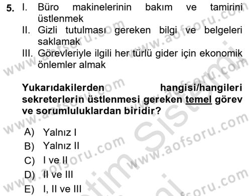 Yönetici Asistanlığı Dersi Ara Sınavı Deneme Sınav Soruları 5. Soru