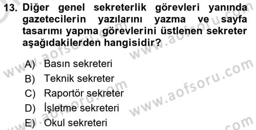 Yönetici Asistanlığı Dersi 2023 - 2024 Yılı Yaz Okulu Sınav Soruları 13. Soru