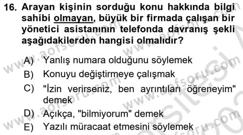 Yönetici Asistanlığı Dersi 2023 - 2024 Yılı Yaz Okulu Sınav Soruları 16. Soru