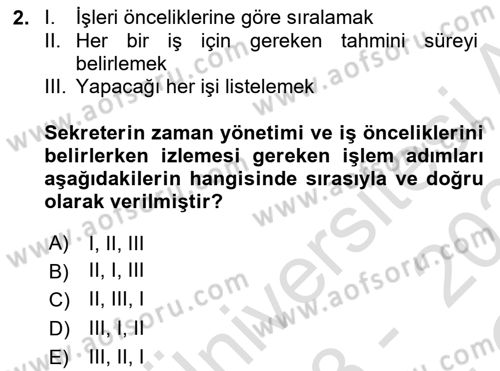 Yönetici Asistanlığı Dersi 2023 - 2024 Yılı Yaz Okulu Sınav Soruları 2. Soru