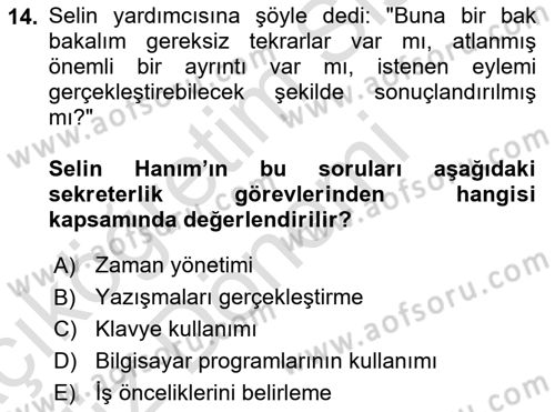 Yönetici Asistanlığı Dersi Ara Sınavı Deneme Sınav Soruları 14. Soru