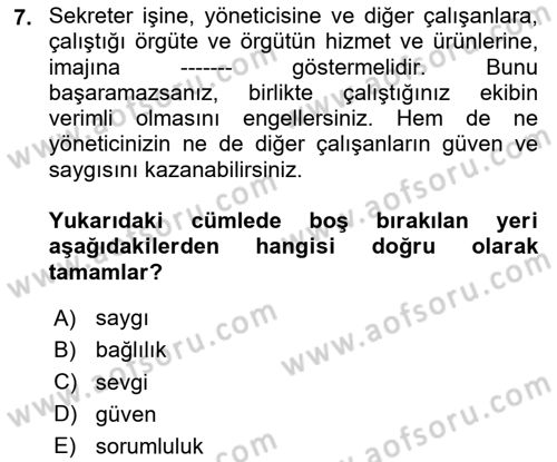 Yönetici Asistanlığı Dersi Ara Sınavı Deneme Sınav Soruları 7. Soru