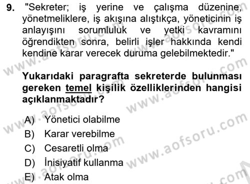 Yönetici Asistanlığı Dersi Ara Sınavı Deneme Sınav Soruları 9. Soru