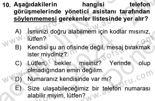 Yönetici Asistanlığı Dersi 2024 - 2025 Yılı (Final) Dönem Sonu Sınav Soruları 10. Soru