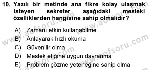 Yönetici Asistanlığı Dersi 2025 - 2026 Yılı (Vize) Ara Sınav Soruları 10. Soru