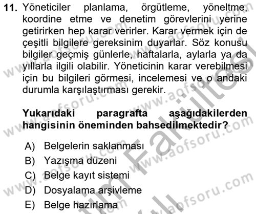 Yönetici Asistanlığı Dersi 2025 - 2026 Yılı (Vize) Ara Sınav Soruları 11. Soru