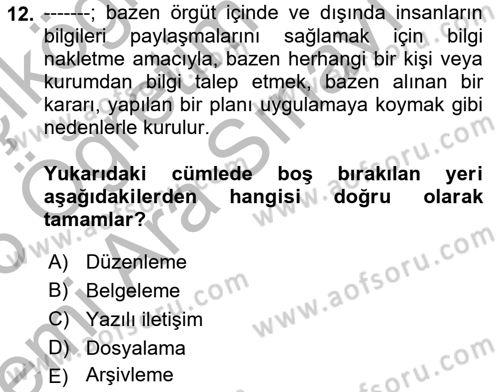 Yönetici Asistanlığı Dersi 2025 - 2026 Yılı (Vize) Ara Sınav Soruları 12. Soru