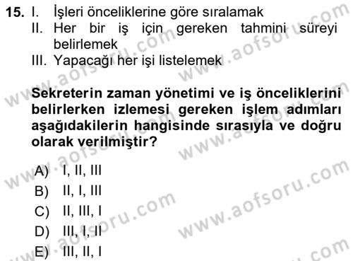 Yönetici Asistanlığı Dersi 2025 - 2026 Yılı (Vize) Ara Sınav Soruları 15. Soru