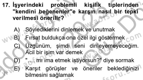 Yönetici Asistanlığı Dersi 2025 - 2026 Yılı (Vize) Ara Sınav Soruları 17. Soru