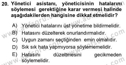 Yönetici Asistanlığı Dersi 2025 - 2026 Yılı (Vize) Ara Sınav Soruları 20. Soru